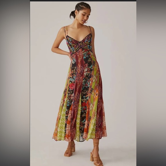 Anthropologie embroidered multiprint strappy maxi dress 10 - Picture 1 of 9
